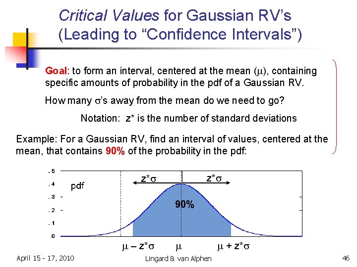 Critical Values for Gaussian RV’s (Leading to “Confidence Intervals”) Goal: to form an interval,