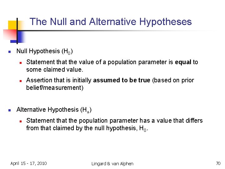 The Null and Alternative Hypotheses n Null Hypothesis (H 0) n n n Statement