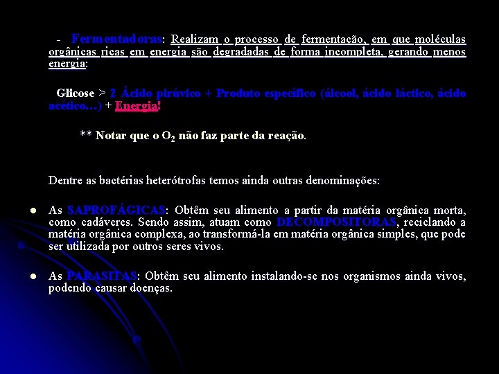 - Fermentadoras: Realizam o processo de fermentação, em que moléculas orgânicas ricas em energia