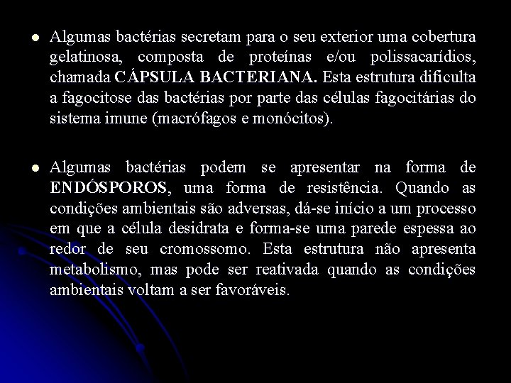 l Algumas bactérias secretam para o seu exterior uma cobertura gelatinosa, composta de proteínas