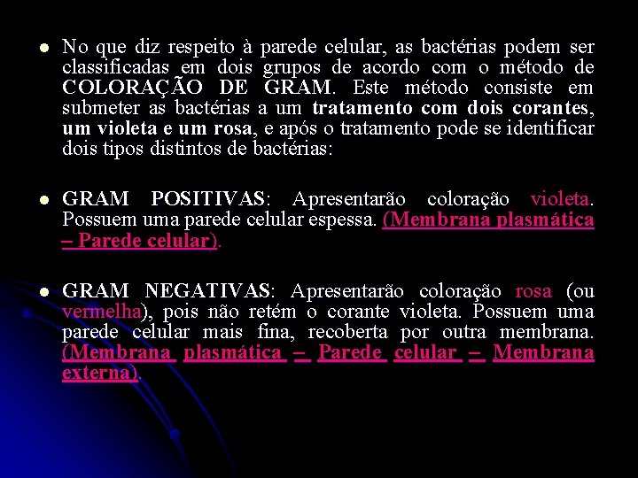 l No que diz respeito à parede celular, as bactérias podem ser classificadas em