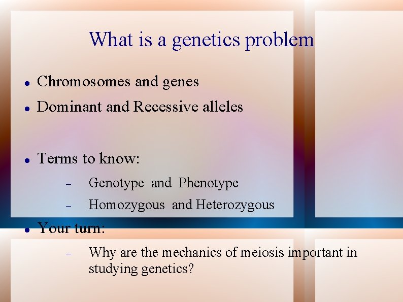 What is a genetics problem Chromosomes and genes Dominant and Recessive alleles Terms to
