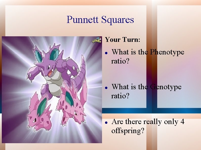 Punnett Squares Your Turn: What is the Phenotype ratio? What is the Genotype ratio?