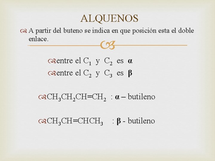 ALQUENOS A partir del buteno se indica en que posición esta el doble enlace.