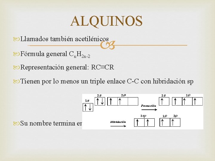 ALQUINOS Llamados también acetilénicos Fórmula general Cn. H 2 n-2 Representación general: RC≡CR Tienen