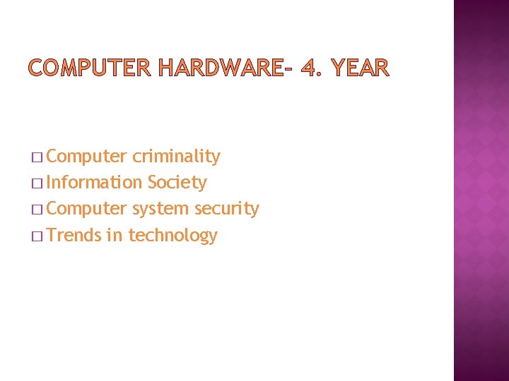 COMPUTER HARDWARE– 4. YEAR � Computer criminality � Information Society � Computer system security