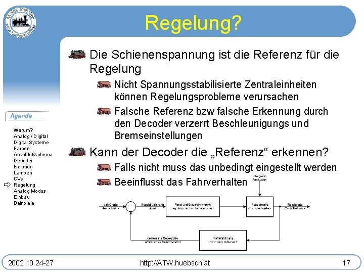 Regelung? Die Schienenspannung ist die Referenz für die Regelung Warum? Analog / Digital Systeme