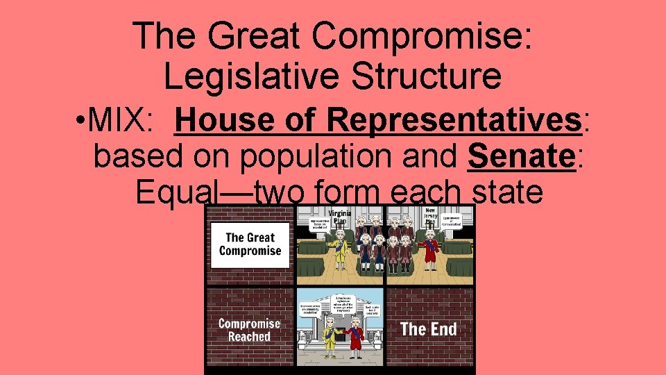 The Great Compromise: Legislative Structure • MIX: House of Representatives: based on population and