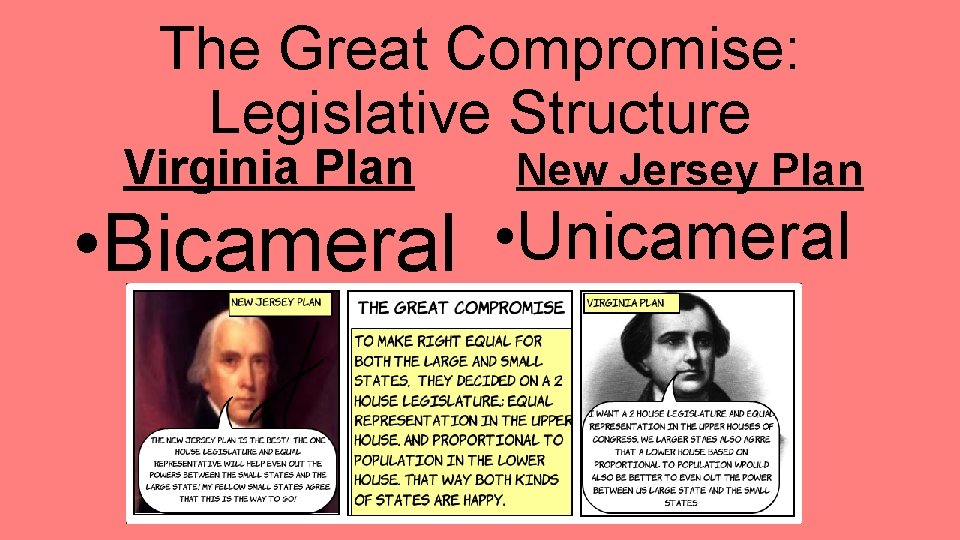 The Great Compromise: Legislative Structure Virginia Plan New Jersey Plan • Bicameral • Unicameral
