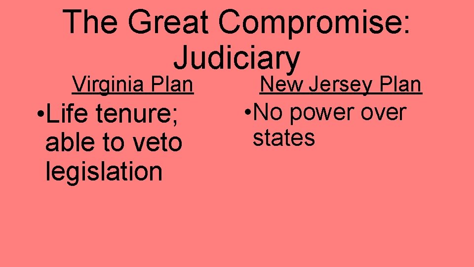 The Great Compromise: Judiciary Virginia Plan • Life tenure; able to veto legislation New