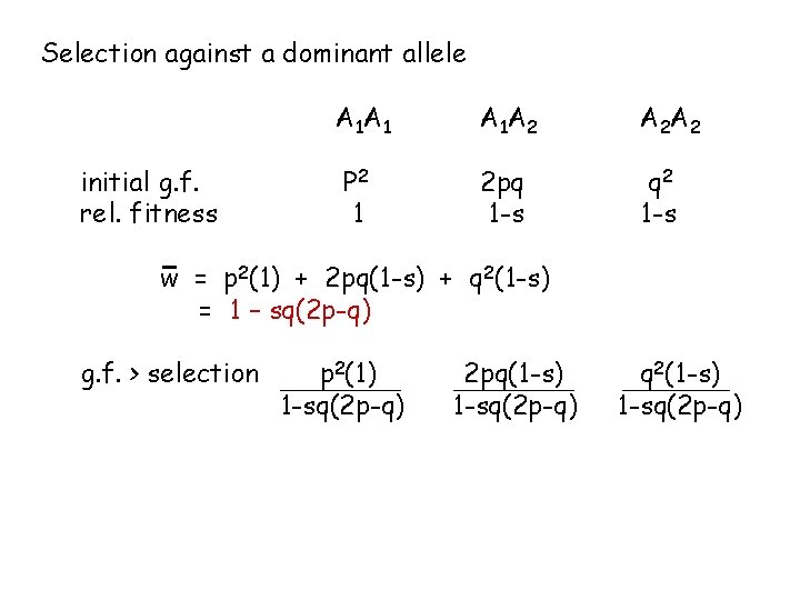 Selection against a dominant allele initial g. f. rel. fitness A 1 A 1
