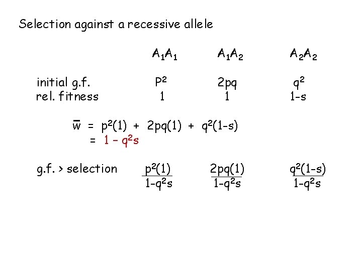 Selection against a recessive allele initial g. f. rel. fitness A 1 A 1
