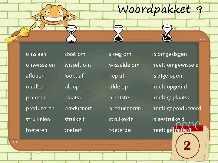 Woordpakket 9 omslaan slaat om sloeg om is omgeslagen omwisselen wisselt om wisselde om