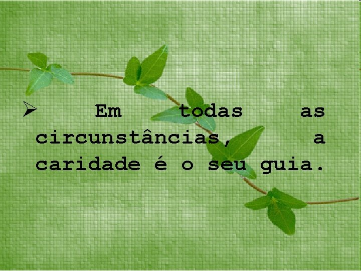 Ø Em todas as circunstâncias, a caridade é o seu guia. 