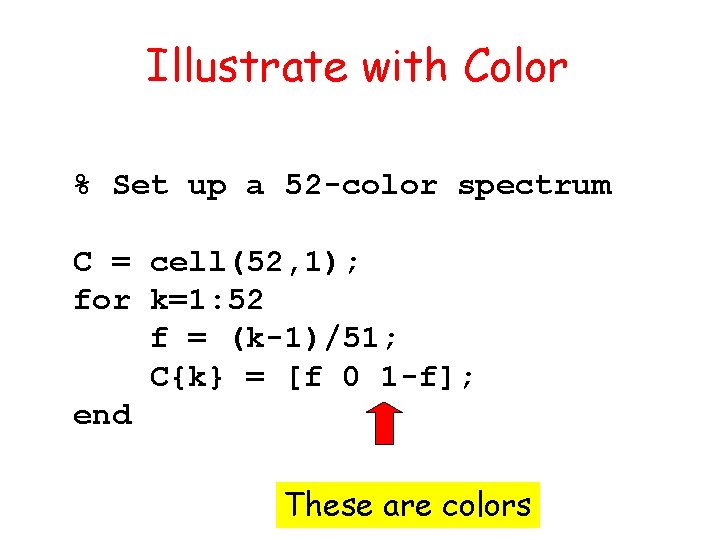 Illustrate with Color % Set up a 52 -color spectrum C = cell(52, 1);