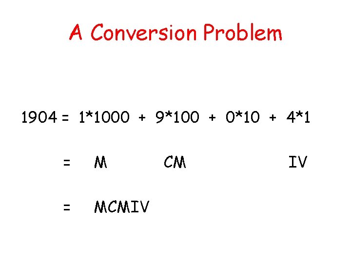 A Conversion Problem 1904 = 1*1000 + 9*100 + 0*10 + 4*1 = MCMIV