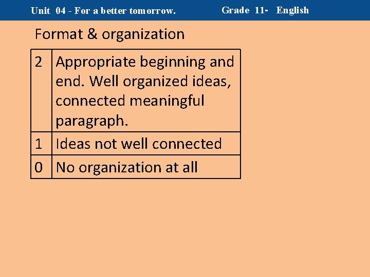 Unit 04 - For a better tomorrow. Grade 11 - English Format & organization