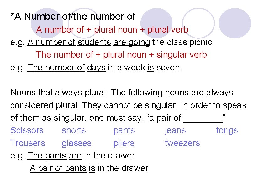 *A Number of/the number of A number of + plural noun + plural verb