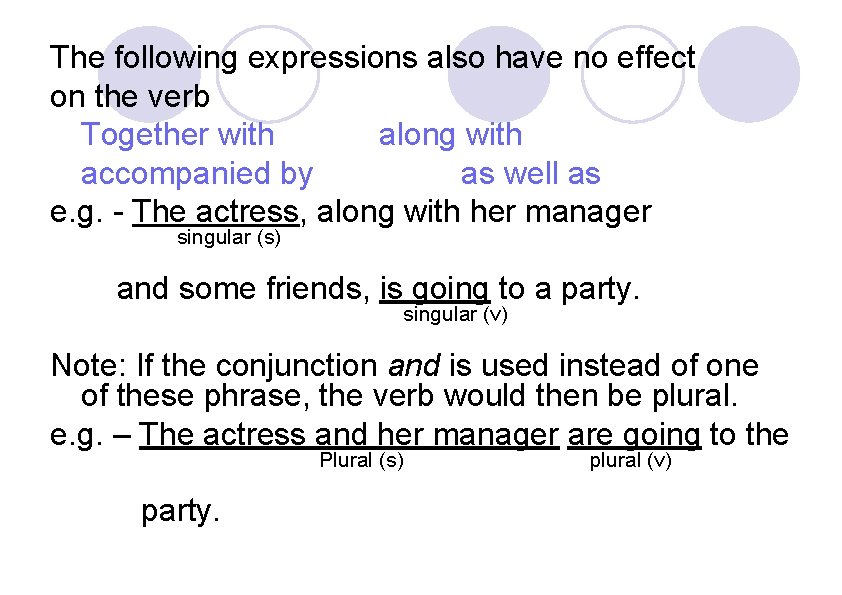 The following expressions also have no effect on the verb Together with along with