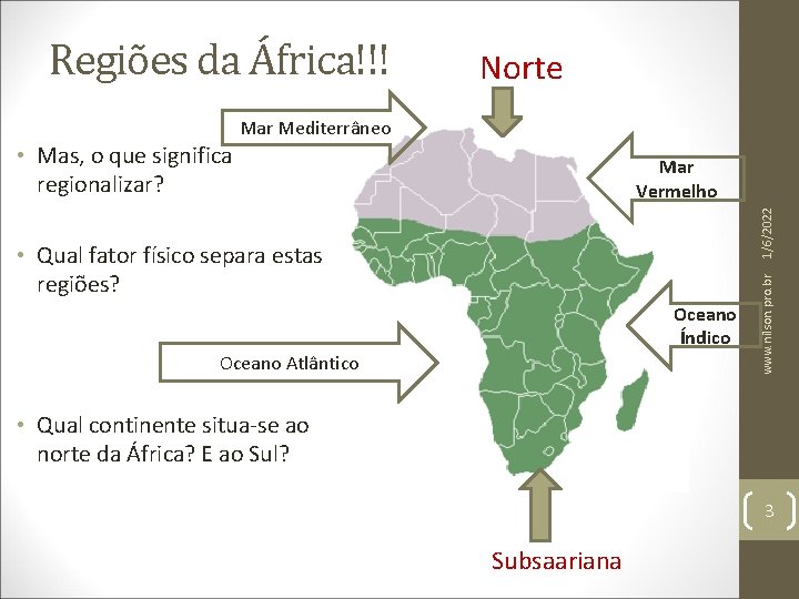 Regiões da África!!! Norte Mar Mediterrâneo • Mas, o que significa regionalizar? • Qual