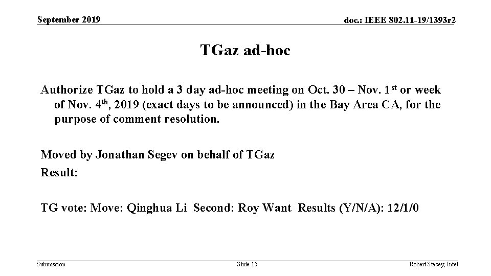 September 2019 doc. : IEEE 802. 11 -19/1393 r 2 TGaz ad-hoc Authorize TGaz