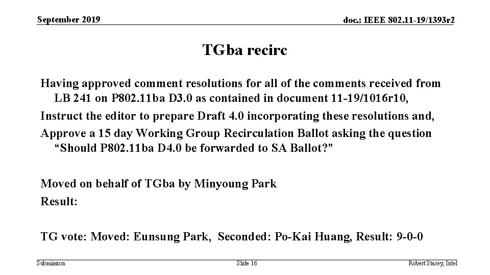 September 2019 doc. : IEEE 802. 11 -19/1393 r 2 TGba recirc Having approved