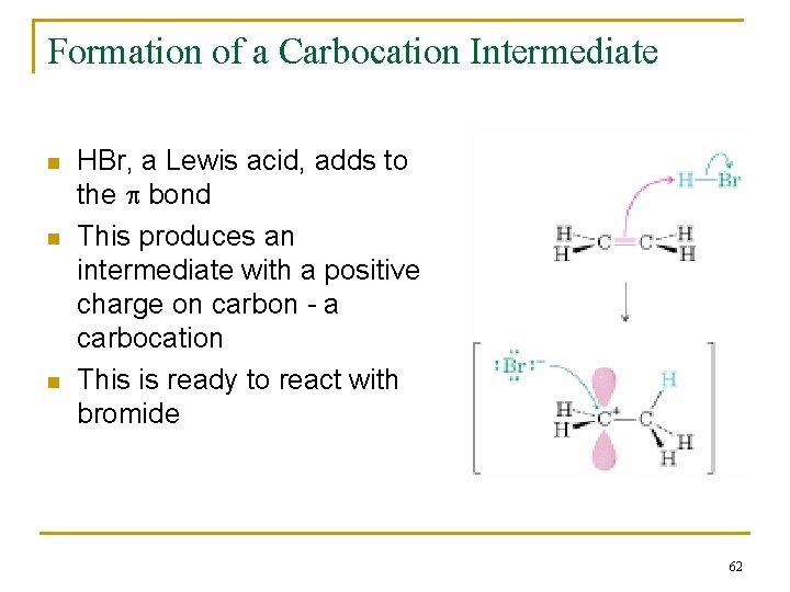Formation of a Carbocation Intermediate n n n HBr, a Lewis acid, adds to