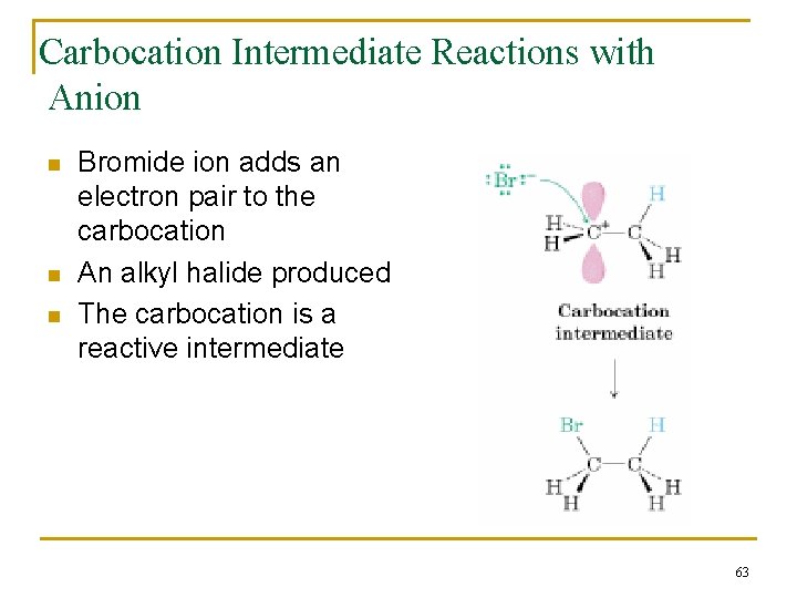 Carbocation Intermediate Reactions with Anion n Bromide ion adds an electron pair to the