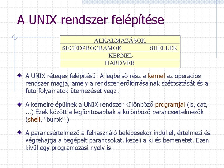 A UNIX rendszer felépítése ALKALMAZÁSOK SEGÉDPROGRAMOK SHELLEK KERNEL HARDVER A UNIX réteges felépítésű. A