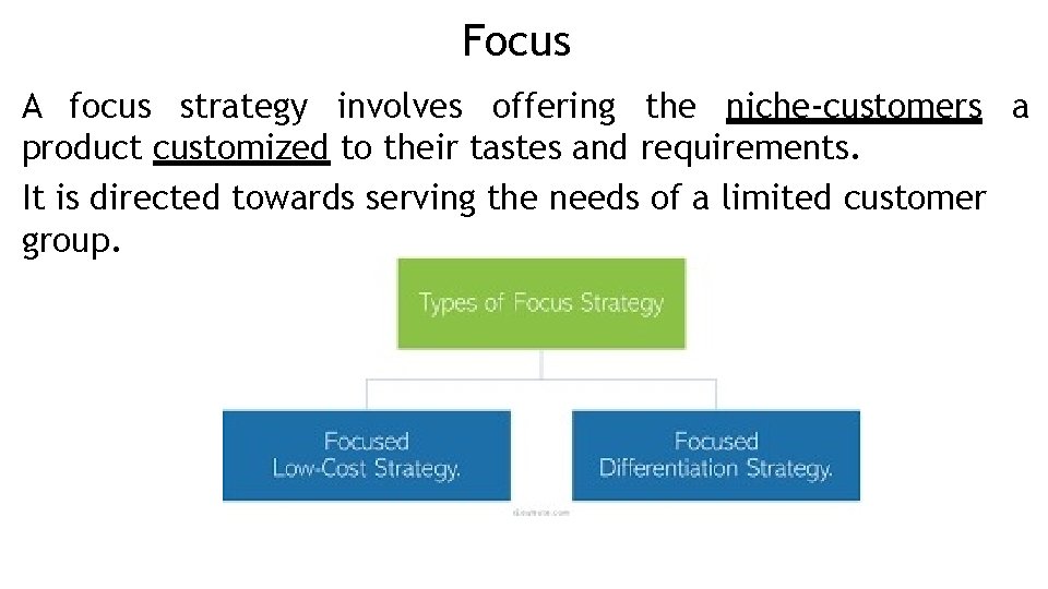 Focus A focus strategy involves offering the niche-customers a product customized to their tastes