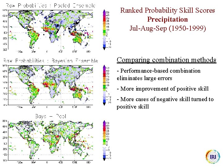 Ranked Probability Skill Scores Precipitation Jul-Aug-Sep (1950 -1999) Comparing combination methods - Performance-based combination