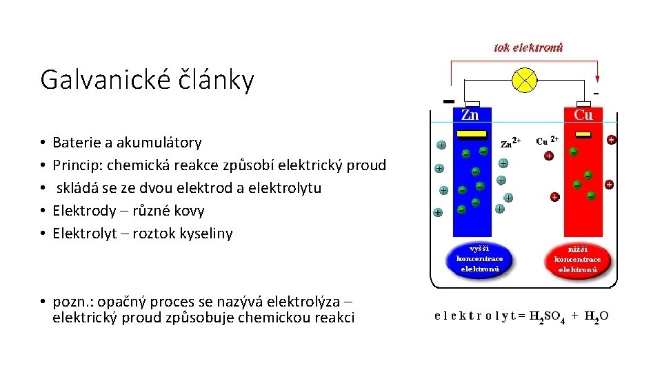 Galvanické články • • • Baterie a akumulátory Princip: chemická reakce způsobí elektrický proud