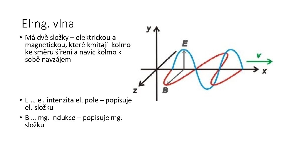 Elmg. vlna • Má dvě složky – elektrickou a magnetickou, které kmitají kolmo ke