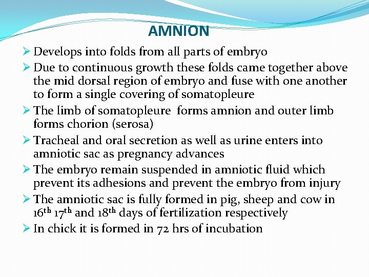 AMNION Ø Develops into folds from all parts of embryo Ø Due to continuous