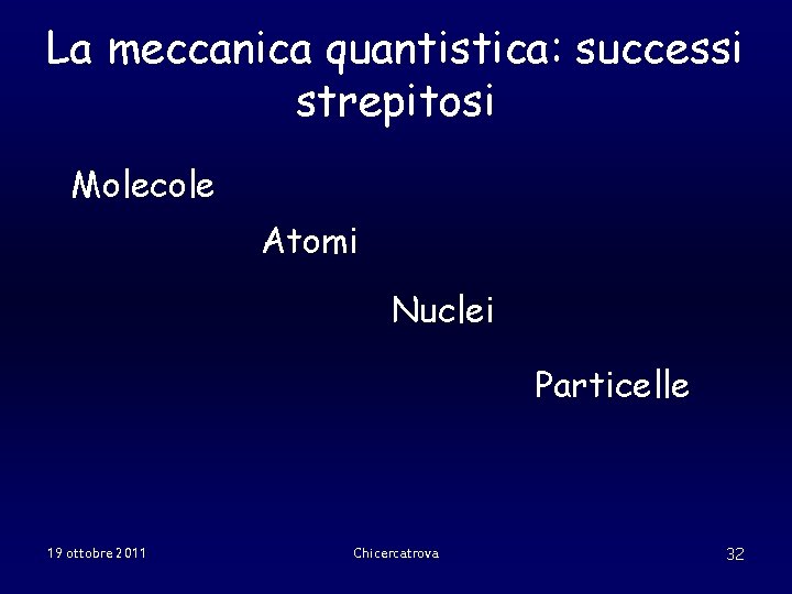 La meccanica quantistica: successi strepitosi Molecole Atomi Nuclei Particelle 19 ottobre 2011 Chicercatrova 32