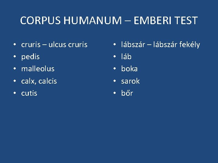 CORPUS HUMANUM – EMBERI TEST • • • cruris – ulcus cruris pedis malleolus