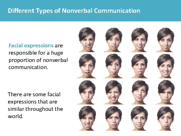 Different Types of Nonverbal Communication Facial expressions are responsible for a huge proportion of