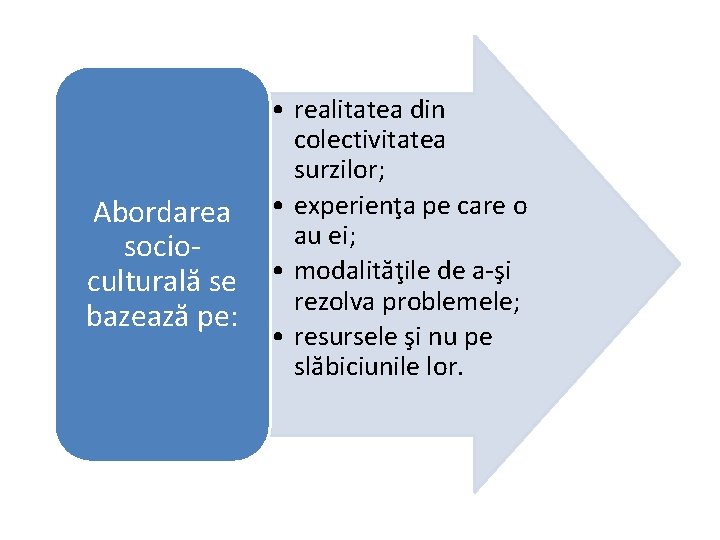 Abordarea socioculturală se bazează pe: • realitatea din colectivitatea surzilor; • experienţa pe care