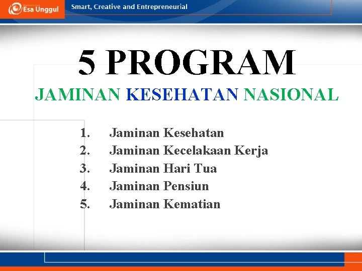 5 PROGRAM JAMINAN KESEHATAN NASIONAL 1. 2. 3. 4. 5. Jaminan Kesehatan Jaminan Kecelakaan