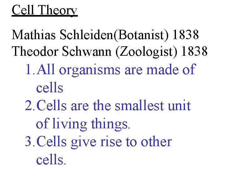 Cell Theory Mathias Schleiden(Botanist) 1838 Theodor Schwann (Zoologist) 1838 1. All organisms are made