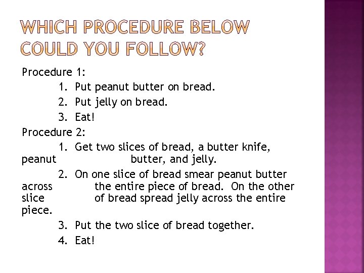 Procedure 1: 1. Put peanut butter on bread. 2. Put jelly on bread. 3.