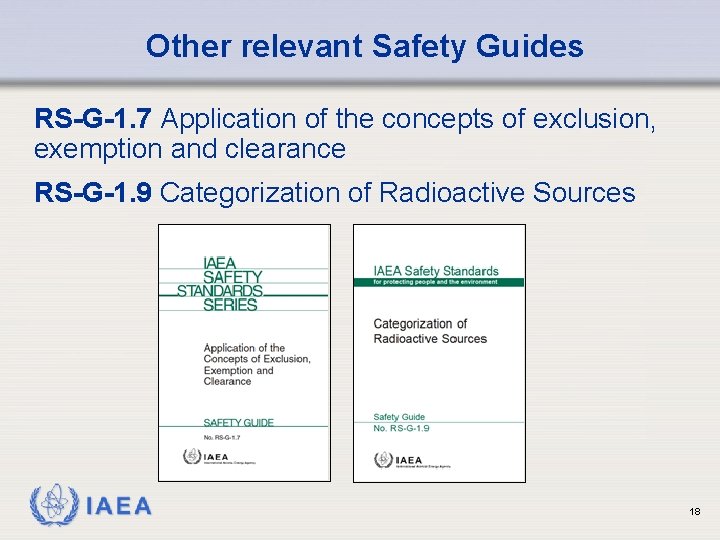 Other relevant Safety Guides RS-G-1. 7 Application of the concepts of exclusion, exemption and