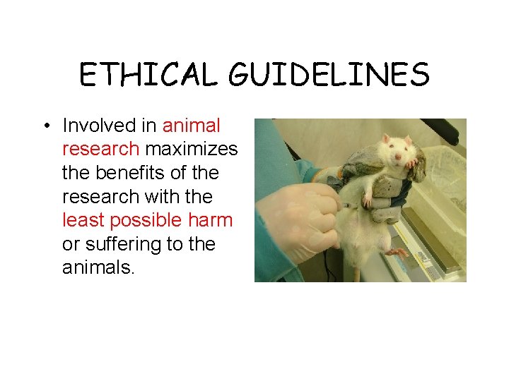 ETHICAL GUIDELINES • Involved in animal research maximizes the benefits of the research with