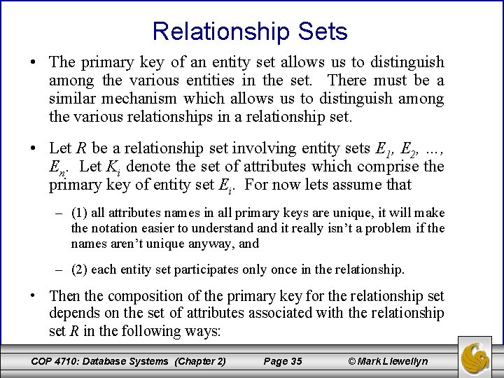 Relationship Sets • The primary key of an entity set allows us to distinguish