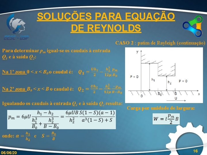 SOLUÇÕES PARA EQUAÇÃO DE REYNOLDS CASO 2 : patim de Rayleigh (continuação) Carga por