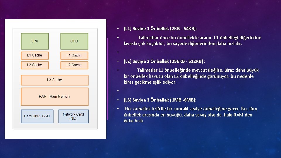  • (L 1) Seviye 1 Önbellek (2 KB - 64 KB): • Talimatlar