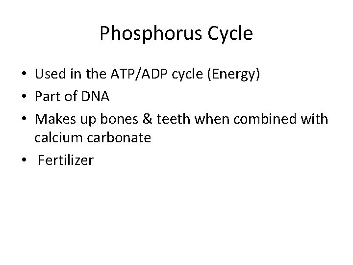 Phosphorus Cycle • Used in the ATP/ADP cycle (Energy) • Part of DNA •
