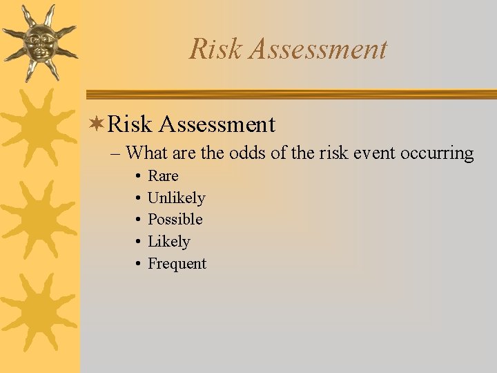 Risk Assessment ¬Risk Assessment – What are the odds of the risk event occurring