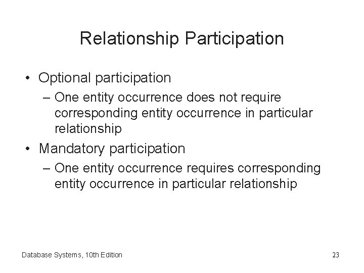 Relationship Participation • Optional participation – One entity occurrence does not require corresponding entity