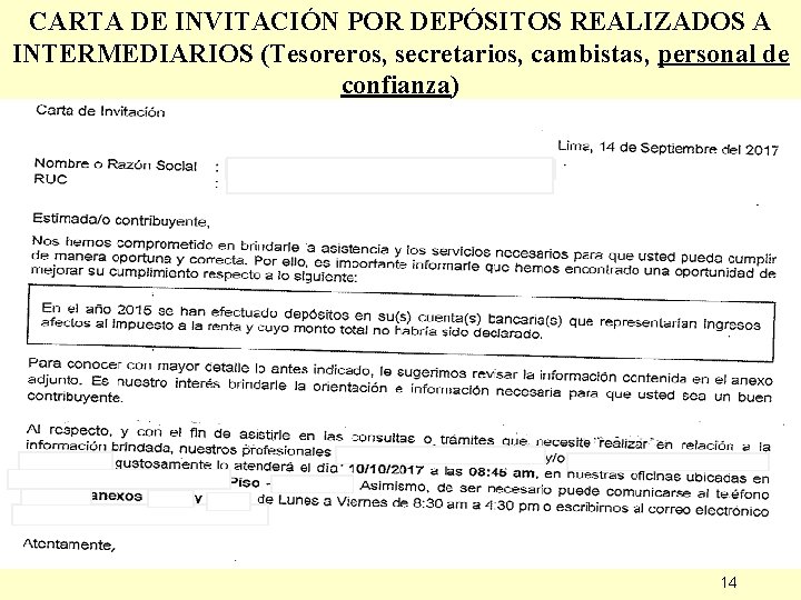 CARTA DE INVITACIÓN POR DEPÓSITOS REALIZADOS A INTERMEDIARIOS (Tesoreros, secretarios, cambistas, personal de confianza)